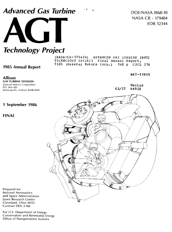 NASA/Allison Advanced Gas Turbine (AGT) Technology Project annual report cover, 1985